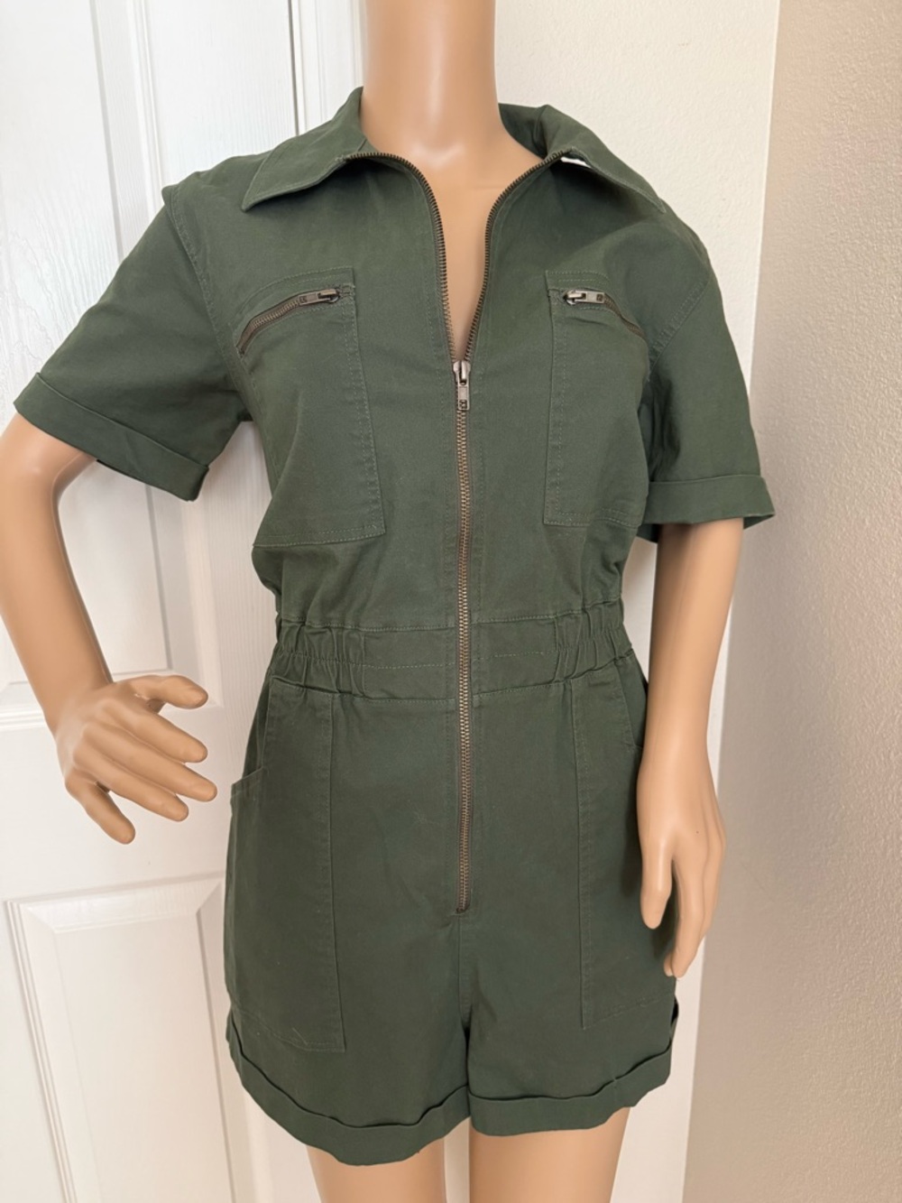 Fashion Nova Olive Green Short Sleeve Zip-Front Utility Romper